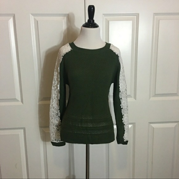 Olive Green Cable Knit Lace Sweater - Picture 3 of 4
